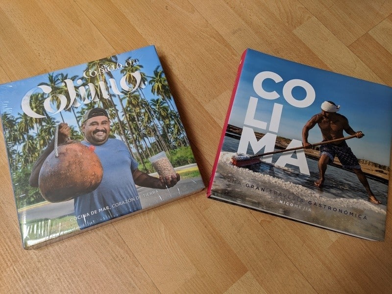 Colima cookbooks by Nico Mejía with cover showing the making of Colima sea salt 