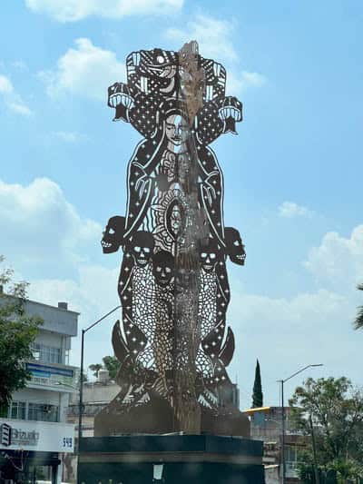 Sincretismo overlays the Virgen of Guadalupe with the Aztec god Tonantzin.