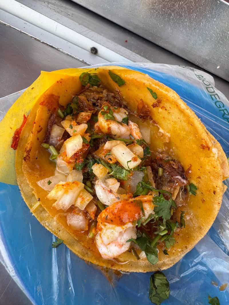 Surf and Turf taco at Tacos de Birria el Cholo Paisa in Tijuana, Mexico