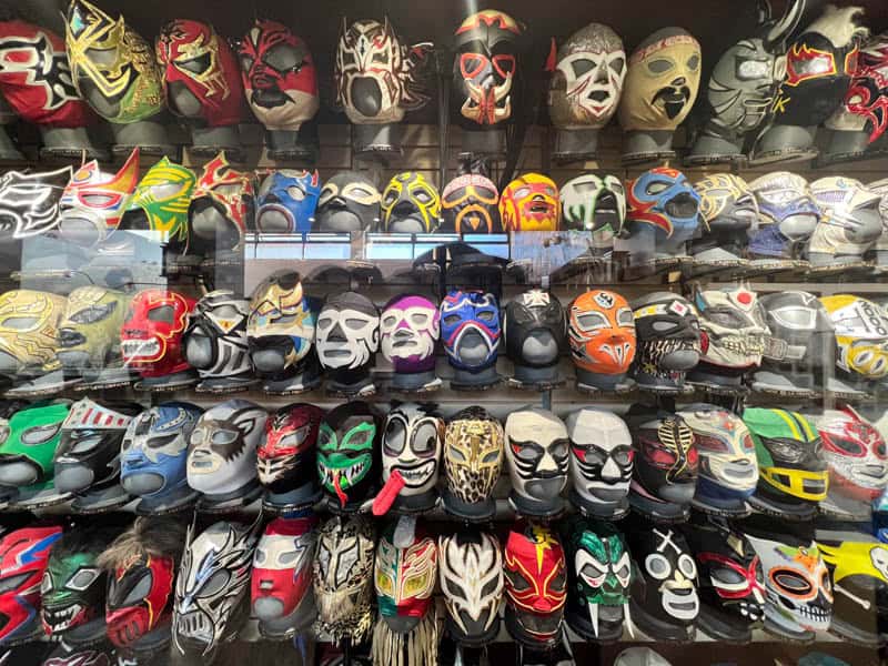 Collection of lucha libre masks at the MULLME Museum in Downtown Tijuana.