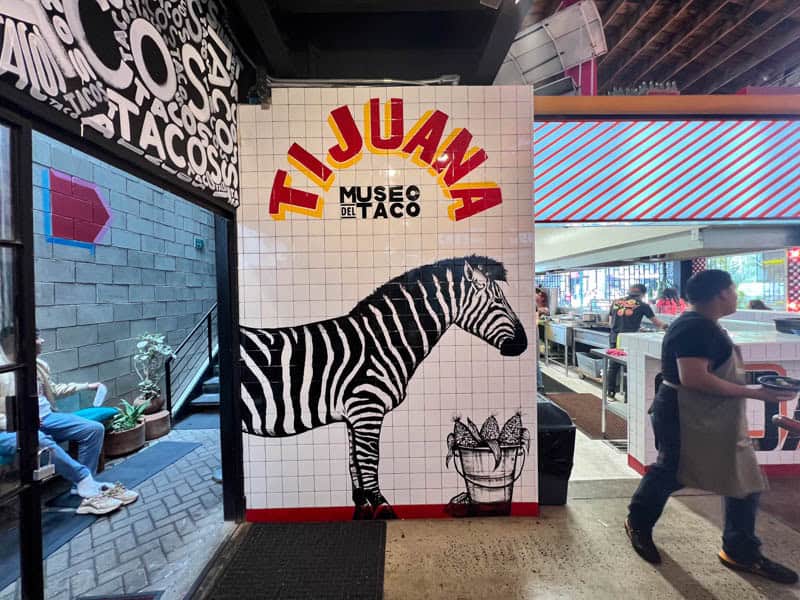 A zebra mural at the Tijuana Taco Museum.